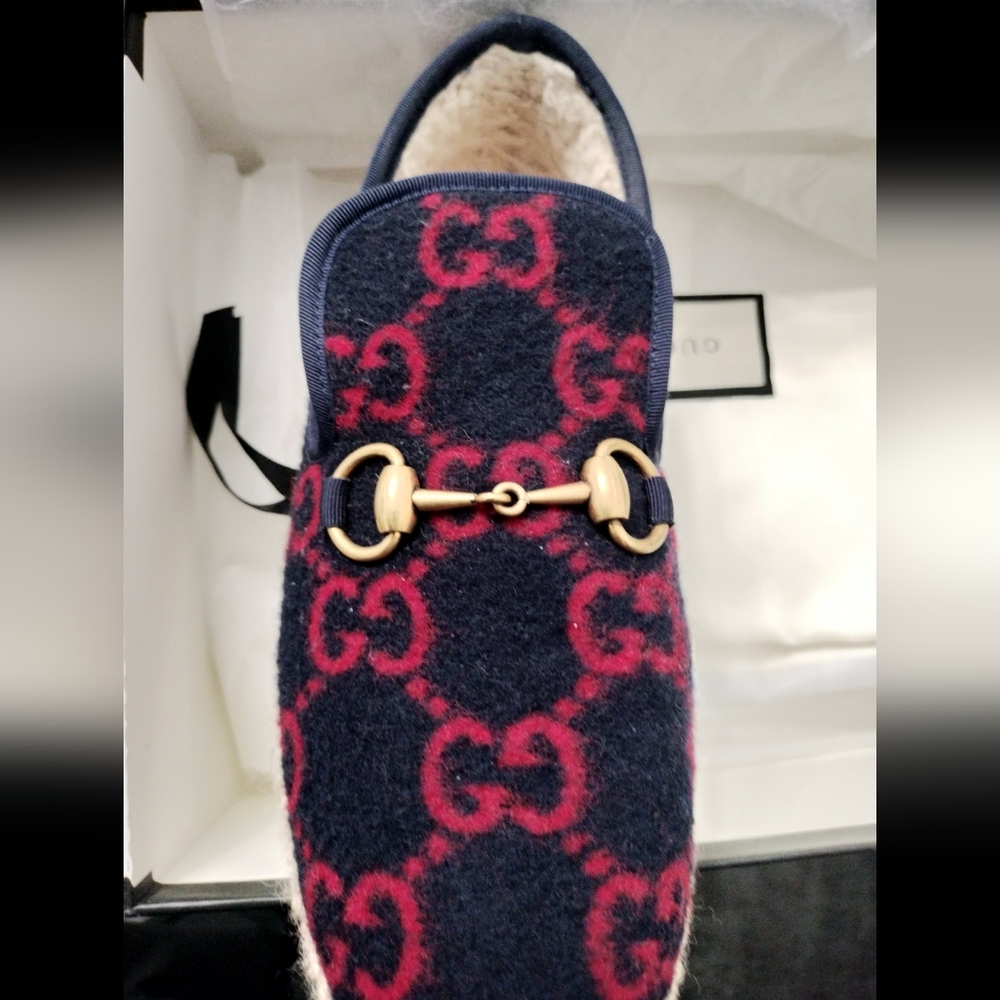 Gucci Fria Wool Monogram GG Logo Blue & Red Loafer Slippers
